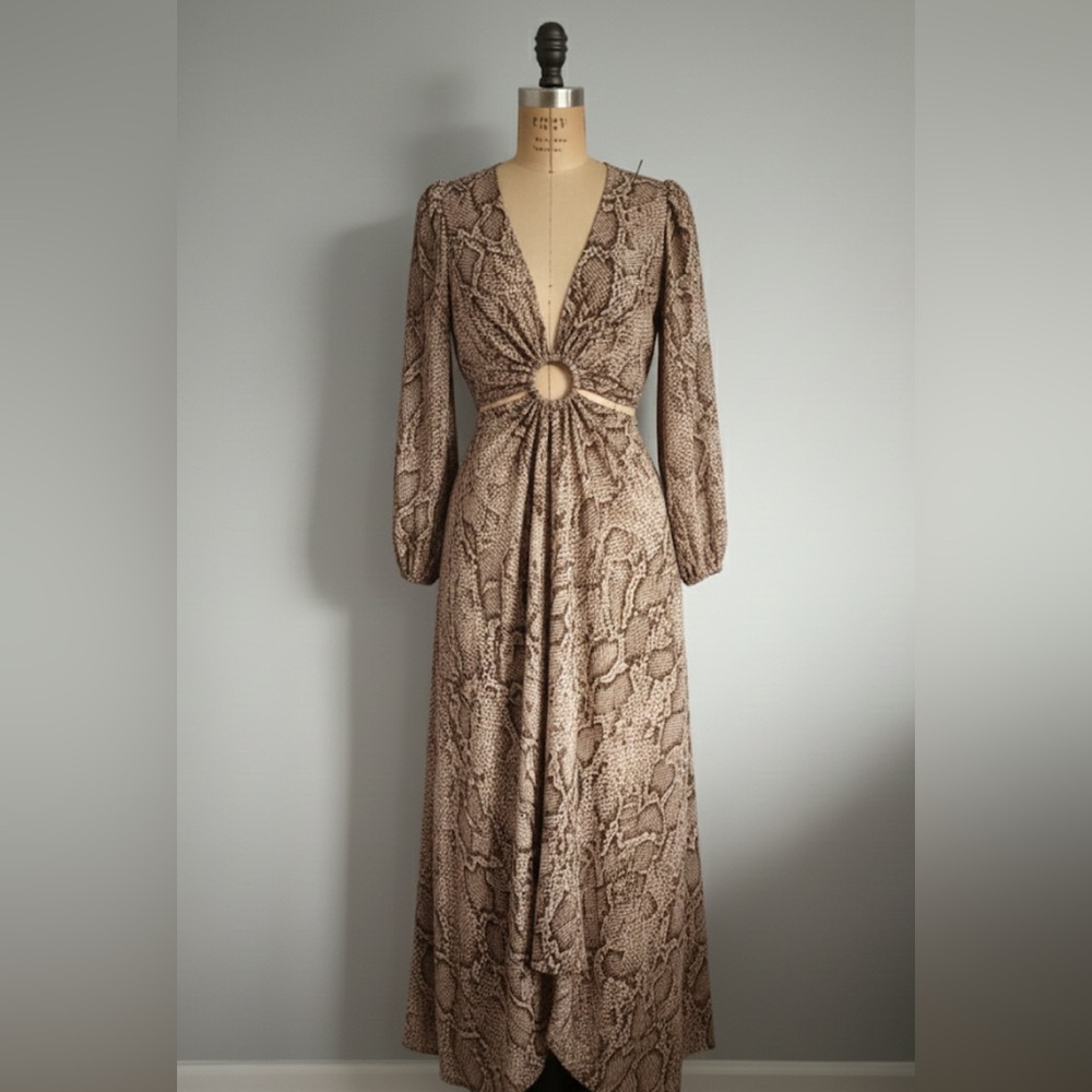 Indulge Brown Patterned Long Sleeve Dress